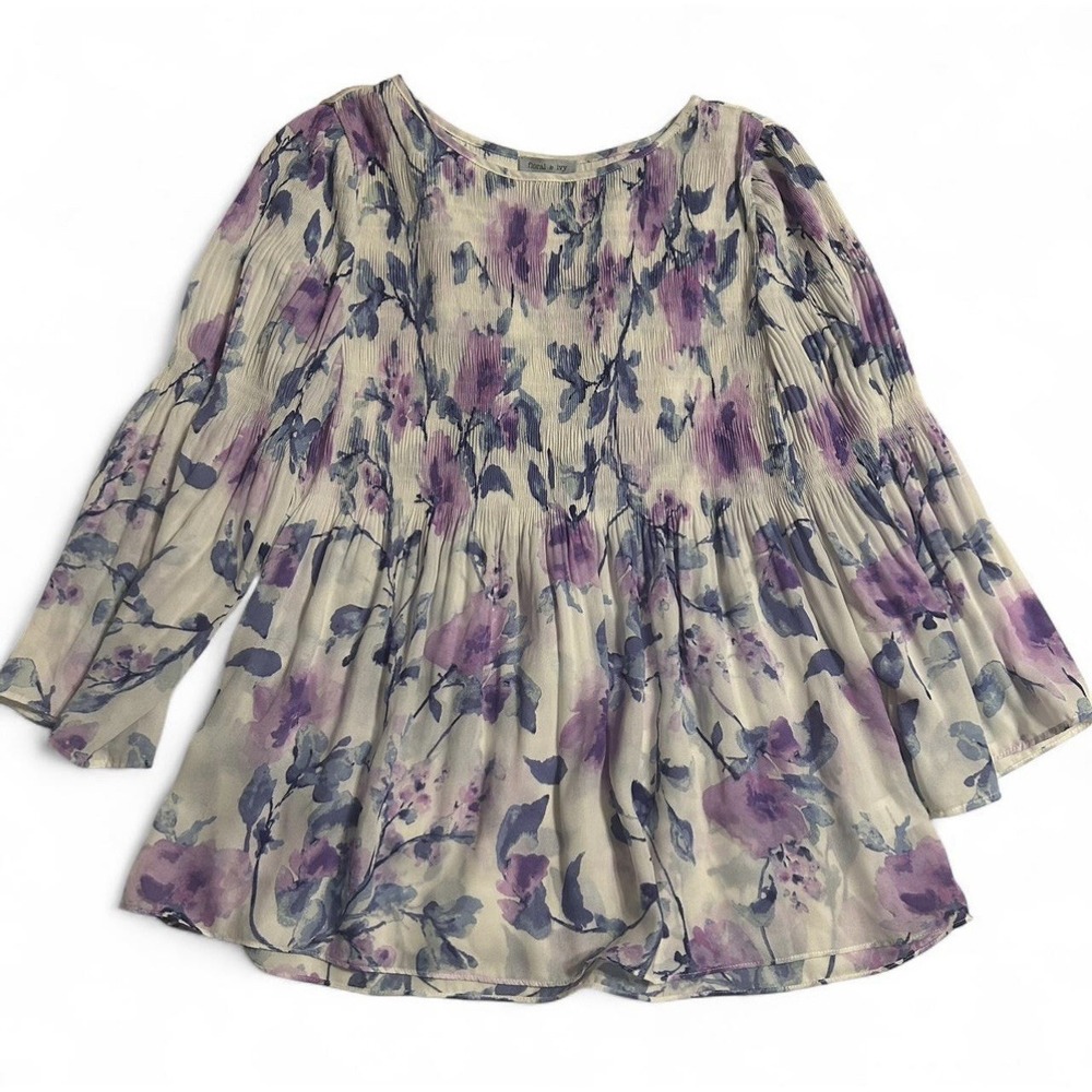 Floral & Ivy Purple White Floral Blouse Size Small Long Sleeve Elastic Cuffs Top
